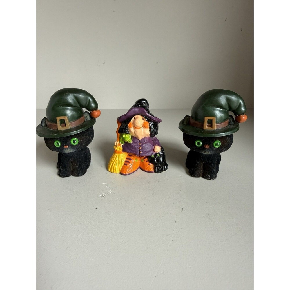 3 Vtg Hallmark Halloween Figurines Witch 1977 And Two Black Cats 1978 Lot of 3